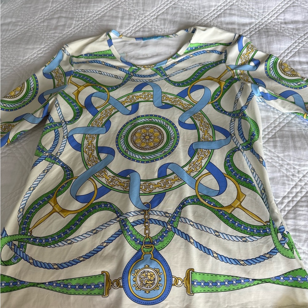 J. McLaughlin Blue and Green Trim Top